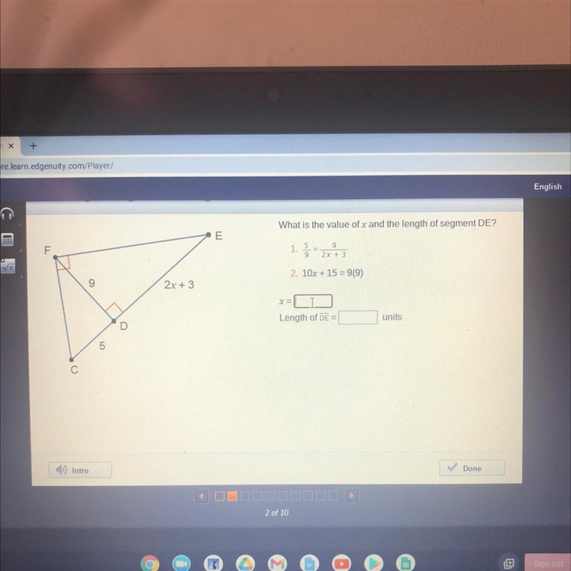 What is the volume of x and the length of segment DE ?-example-1