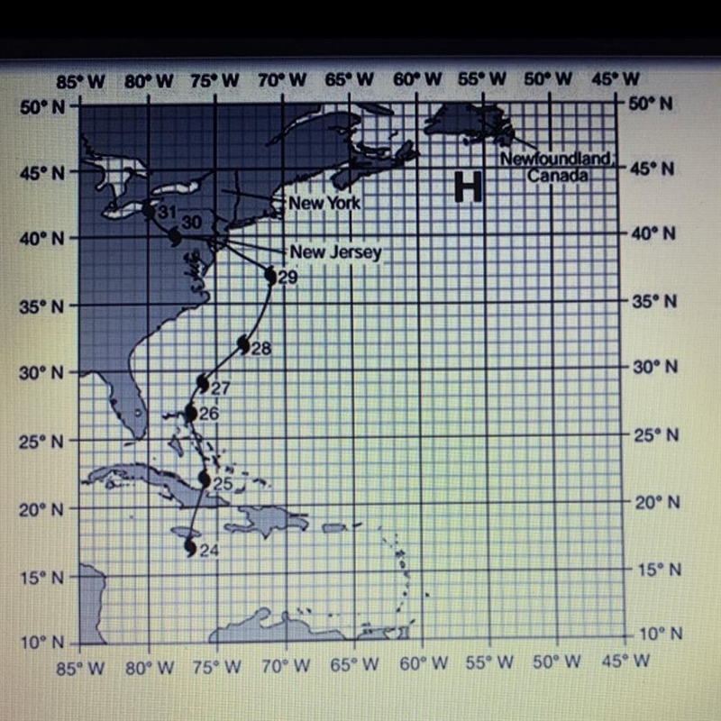 Using the map provided, predict when the hurricane would weaken the most. Support-example-1