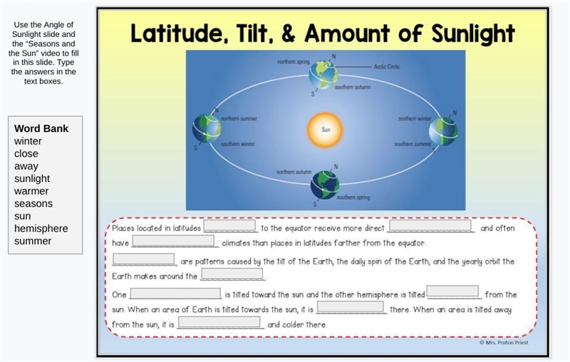 Lattitude,tilt, And the amount of sunlight fill in the blanks-example-1