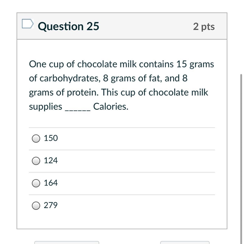 One cup of chocolate milk contains 15 grams of carbohydrates, 8 grams of fat, and-example-1