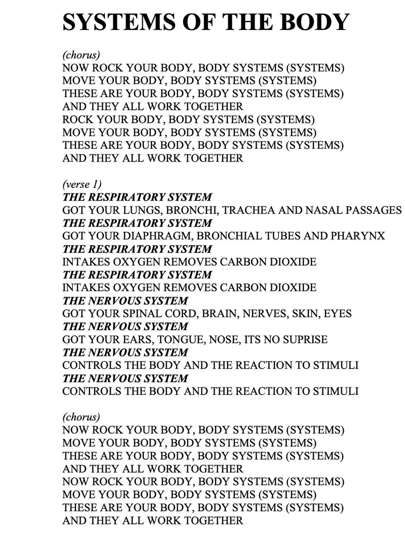 Lyrics of all organ system with their components-example-1