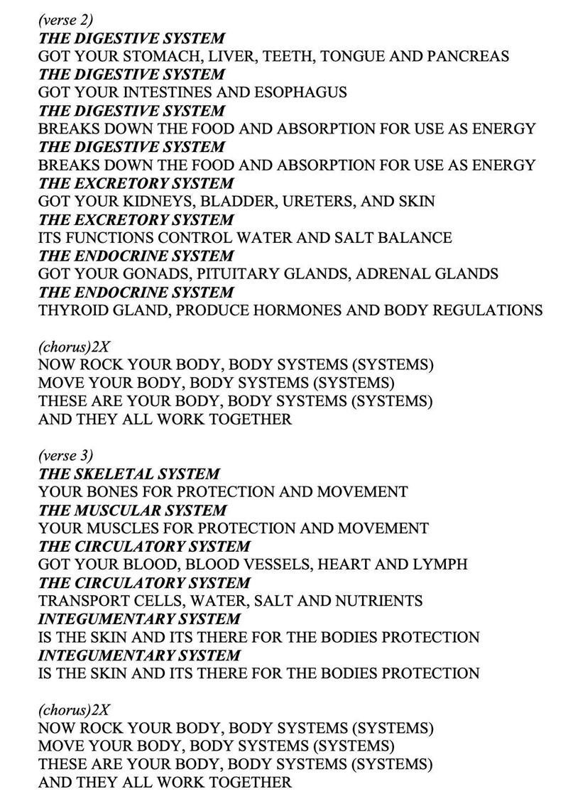 Lyrics of all organ system with their components-example-2