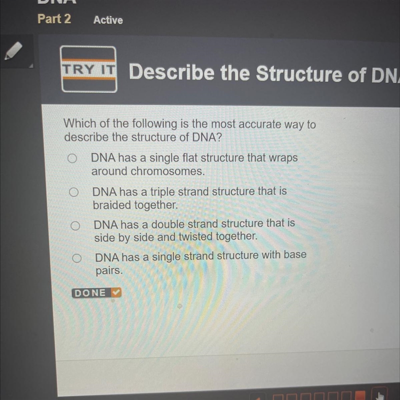 Which of the following is the most accurate way to describe the structure of DNA? DNA-example-1