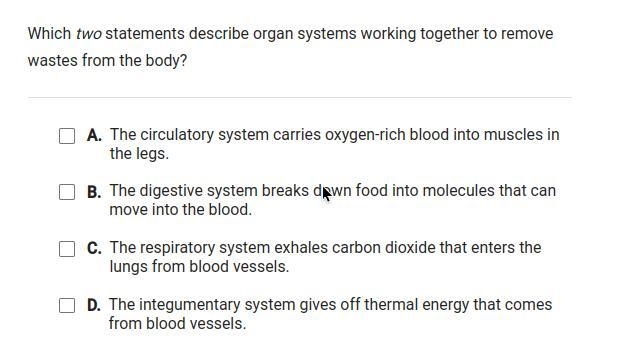 Which two statements describe organ systems working together to remove wastes from-example-1