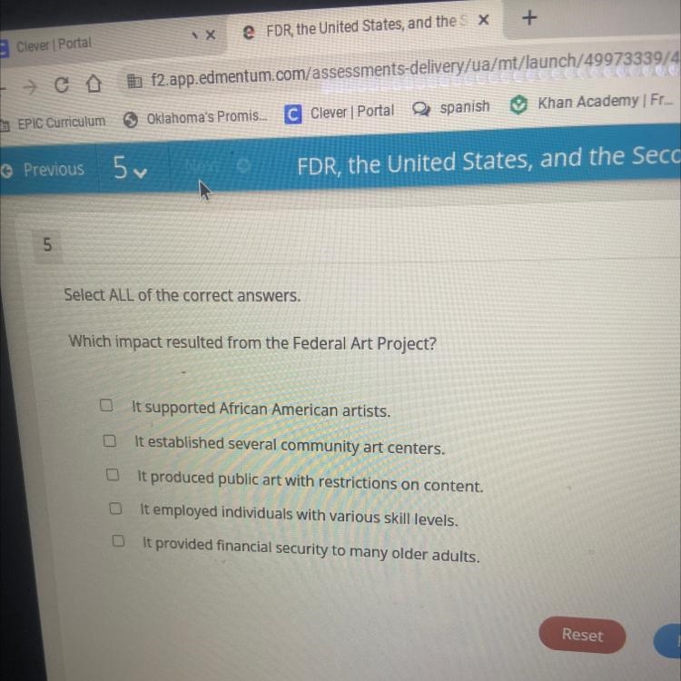 *ASAP*Select ALL of the correct answers. Which impact resulted from the Federal Art-example-1