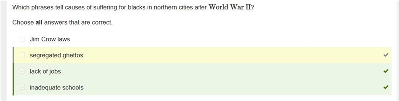 Which phrases tell causes of suffering for blacks in northern cities after World War-example-1