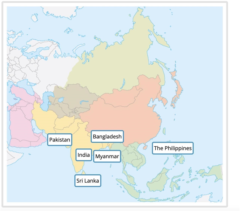 Identify the location of each country on the map. India Myanmar Sri Lanka The Philippines-example-1