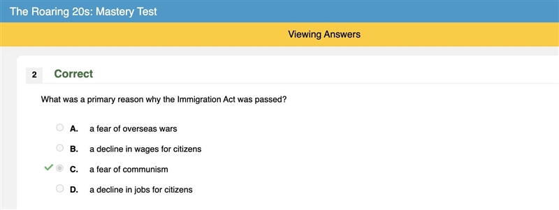 What was a primary reason why the Immigration Act was passed? OA a decline in jobs-example-1