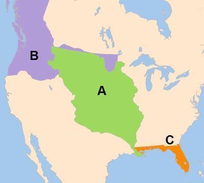 Identify each of the territories marked with a letter on the map. A. ✔ Louisiana Territory-example-1