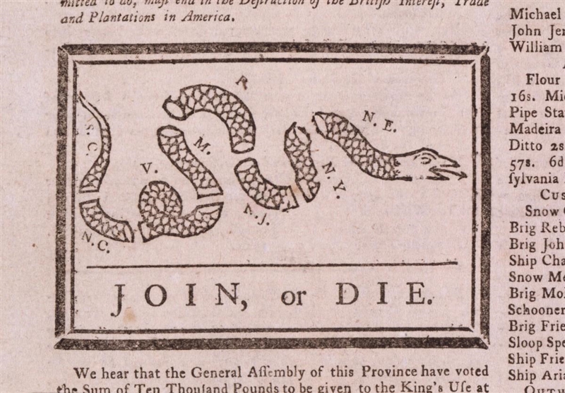 Question 1 1 pts True or False: The "Join or Die" symbol was first used-example-1