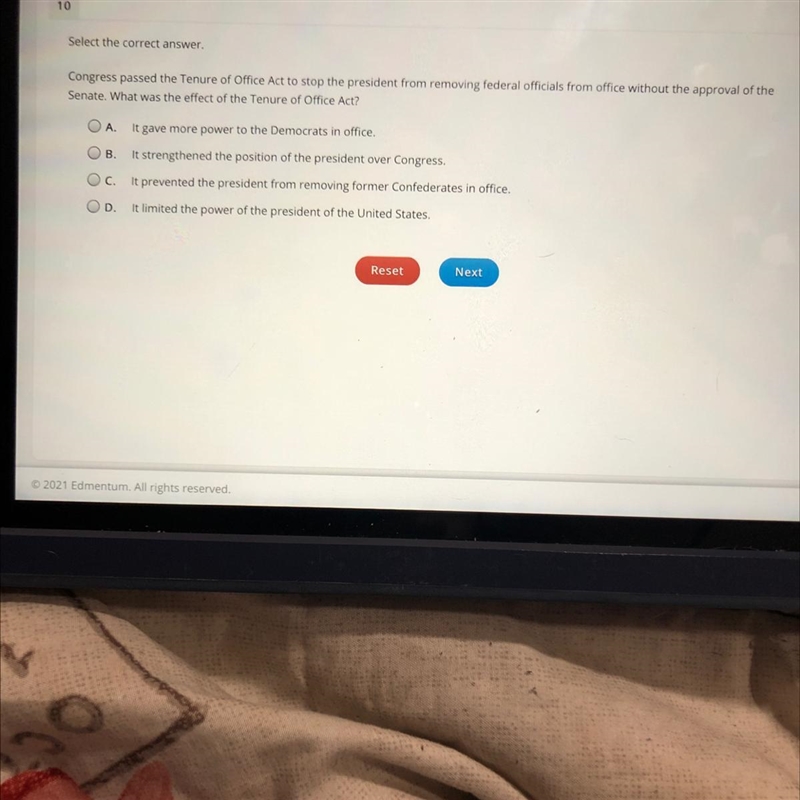 10 Select the correct answer Congress passed the Tenure of Office Act to stop the-example-1