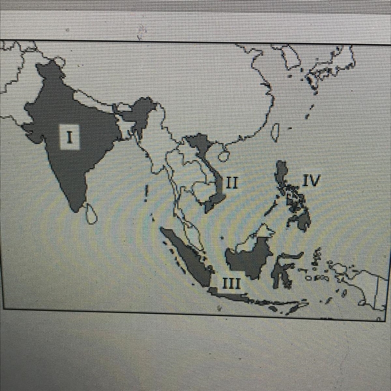 PLEASE HELP! Which numeral marks the location of India? A: I B:II C:III B:IV-example-1