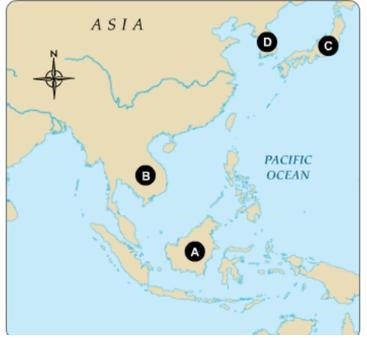 Identify China and Japan on the map by placing the letter that corresponds on the-example-1