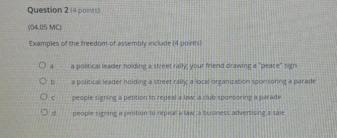 Question 214 points) (04.05 MO Examples of the freedom of assembly include (4 points-example-1