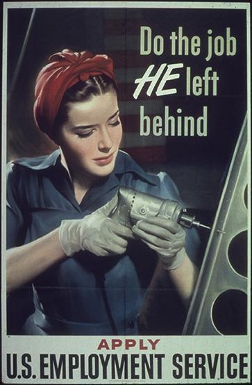 Which idea does this poster promote? A. Women are harder workers than men. B. Women-example-1