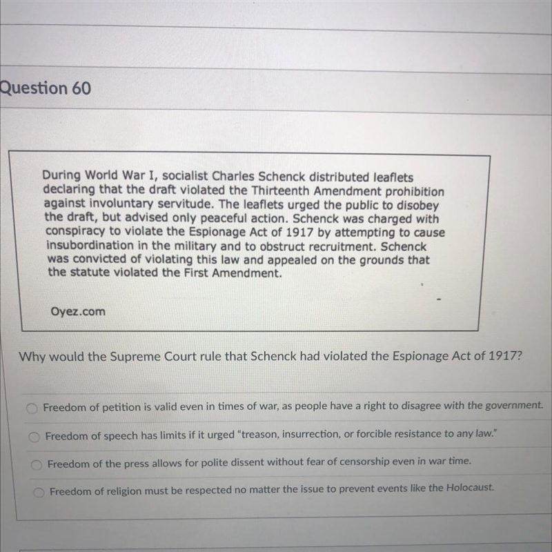 Why would the Supreme Court rule that Schenck had violated the Espionage Act of 1917?-example-1