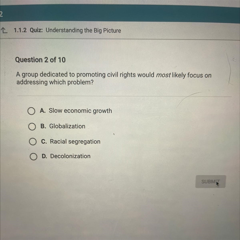 A group dedicated to promoting civil rights would most likely focus on addressing-example-1