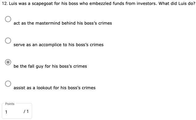 Luis was a scapegoat for his boss who embezzled funds from investors. What did Luis-example-1