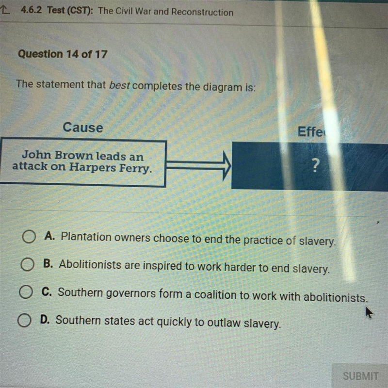 On 14 The statement that best completes the diagram is: Cause Effect John Brown leads-example-1