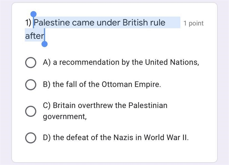 Palestine came under British rule after what?-example-1