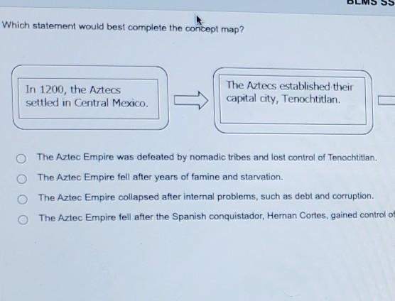 Which statement would best complete the concept map? In 1200, the Aztecs settled in-example-1