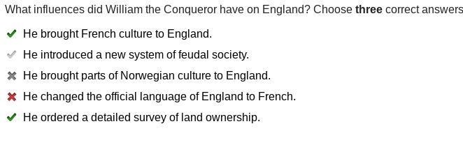 What influences did William the Conqueror have on England? Choose three correct answers-example-1