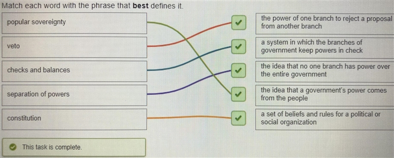 Match each word with the phrase that best defines it -veto 1. the power of one branch-example-1