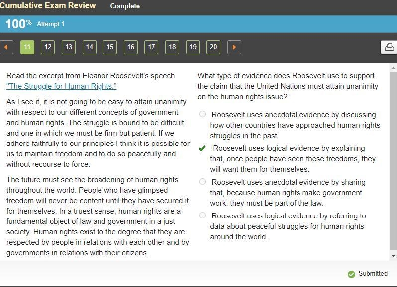 What type of evidence does Roosevelt use to support the claim that the United Nations-example-1