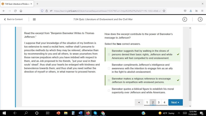 How does the excerpt contribute to the power of Banneker’s message to Jefferson? Select-example-1