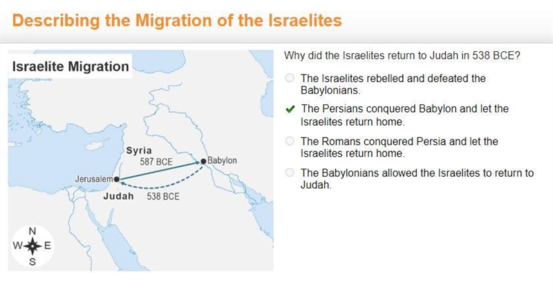 A map titled Israelite Migration. An arrow labeled 587 B C E points from Jerusalem-example-1