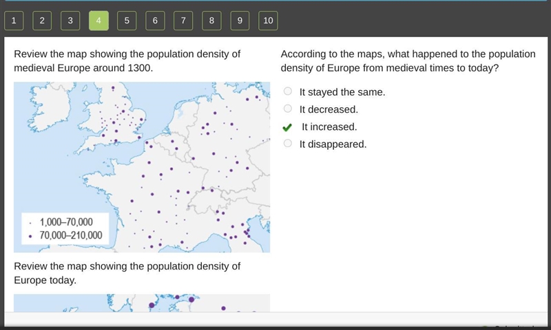 Review the map showing the population density of medieval Europe around 1300. Review-example-1