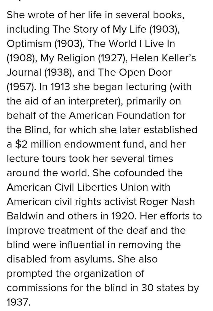 Find an encyclopedia article about Helen Keller, read it and write down three facts-example-1