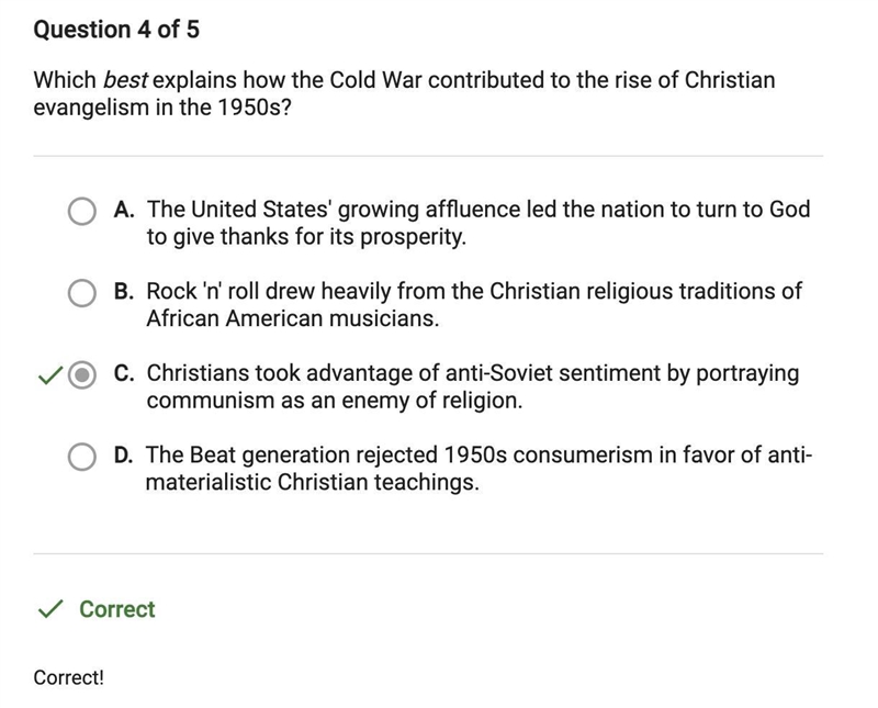 Which best explains how the cold war contributed to the rise of Christian evangelism-example-1