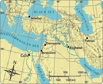 Which city is located at 30° N, 31° E? Baghdad Cairo Tehran Damascus-example-1