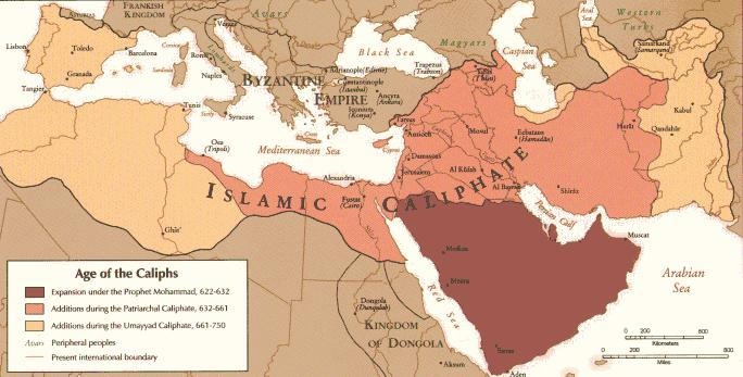 This map shows the spread of Islam by 750 CE. Which list of present-day nations best-example-1