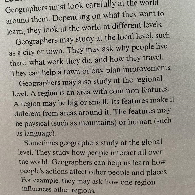 In this part what are 3 levels that geographers study-example-1