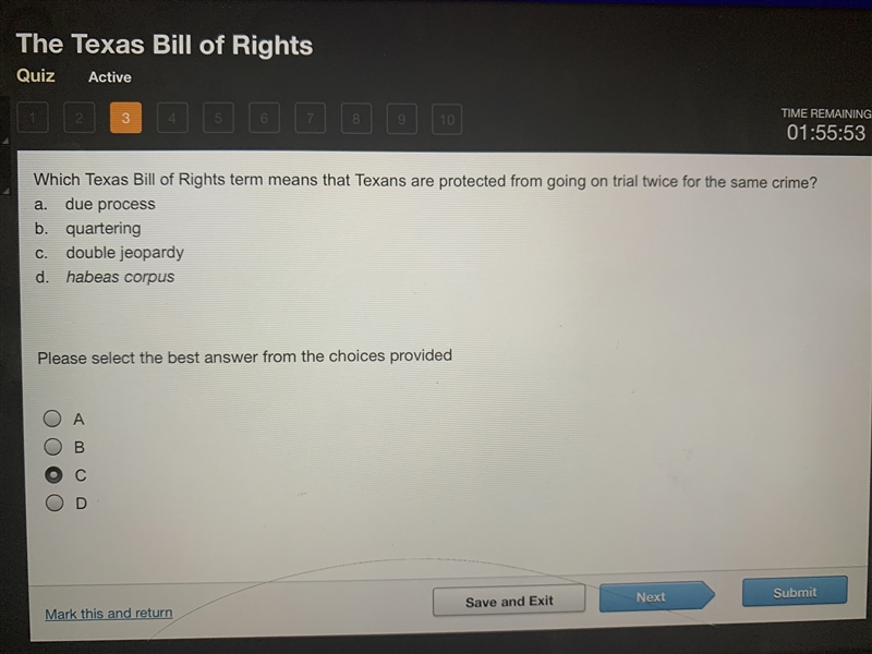 which Texas bill of rights term means that Texans are protected from going on trial-example-1