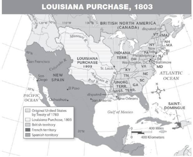 Based on the map below, what geographic effect did the Louisiana Purchase have on-example-1