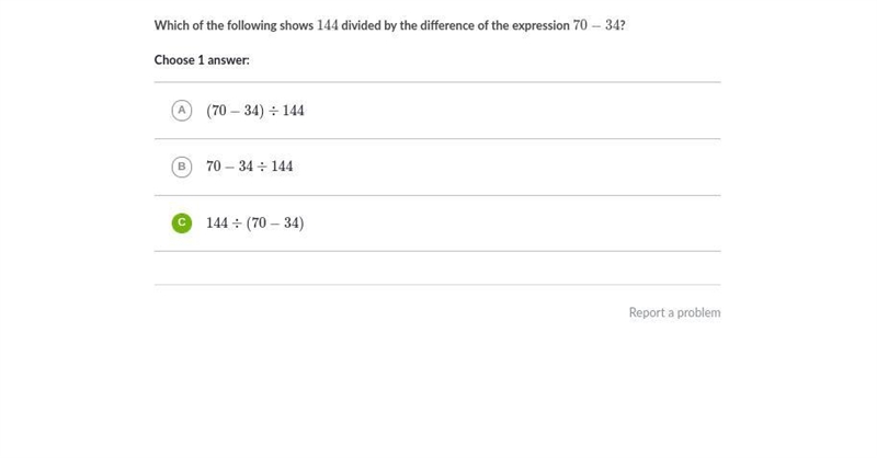 Which of the following shows 144 divided by the difference of the expression 70-34?-example-1