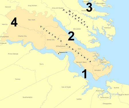 Locate the James River on this map 1. 3 2. 1 3. 2 . 4-example-1