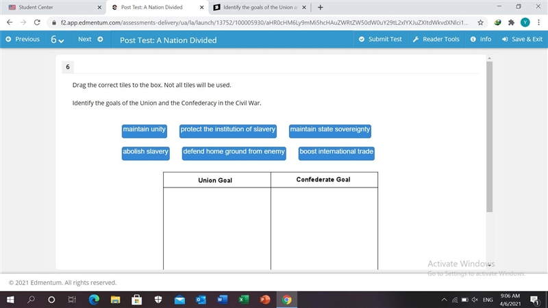 Identify the goals of the Union and the Confederacy in the Civil War. 1. maintain-example-1