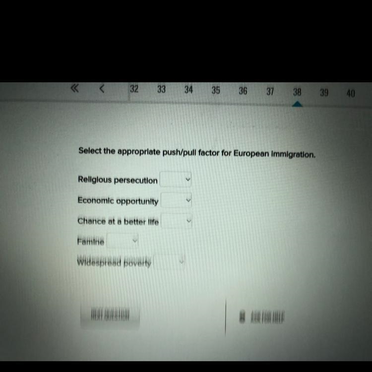 Select the appropriate push/pull factor for European Immigration. A. Religious persecution-example-1