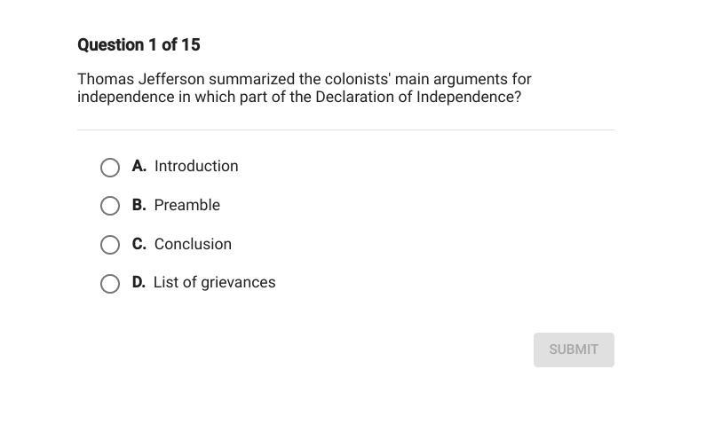 Thomas Jefferson summarized colonists' main argument for independence in which part-example-1