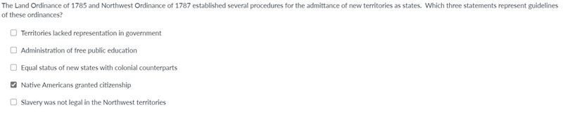 The Land Ordinance of 1785 and Northwest Ordinance of 1787 established several procedures-example-1