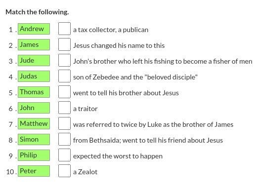 This Question Is On The Bible match the following about his disciples-example-1