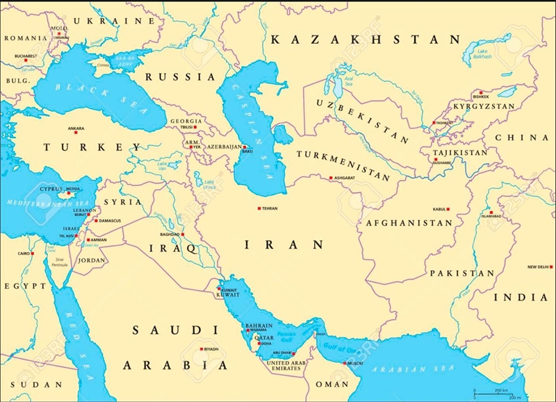 Which bodies of water border the countries of Southwest Asia? Choose all answers that-example-1