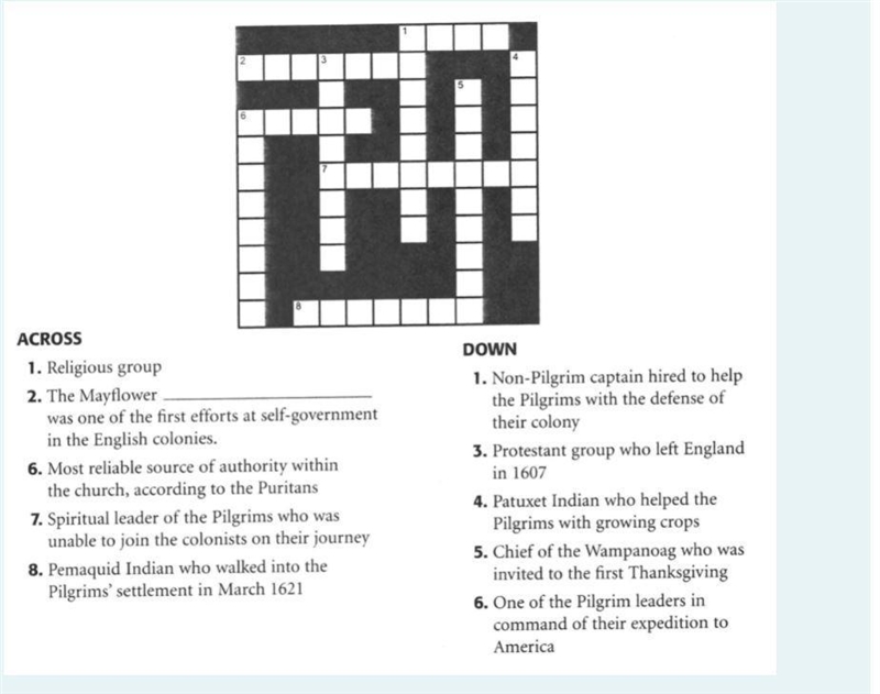 8. HELP PLEASE (CROSSWORD) ANSWERS: Pilgrims, Compact, Samoset, Sect, Robinson, Squanto-example-1