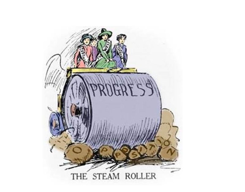 This cartoon shows women riding on a steamroller labeled as "Progress.” Beneath-example-1