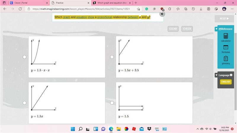 Which graph and equation show a proportional relationship between x and y?-example-1