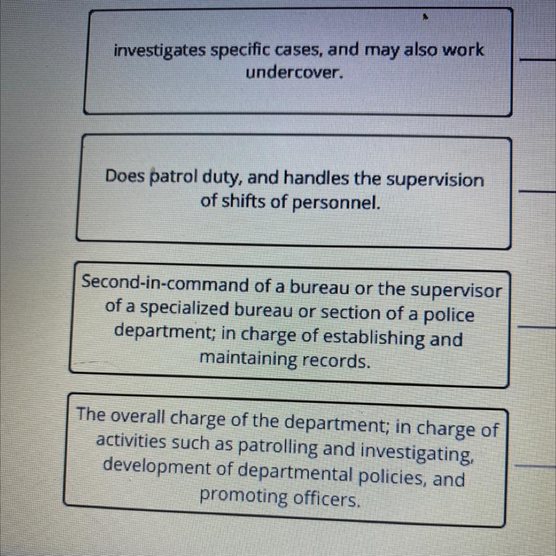 Match the police ranks to the appropriate descriptions. police commissioner inspector-example-1